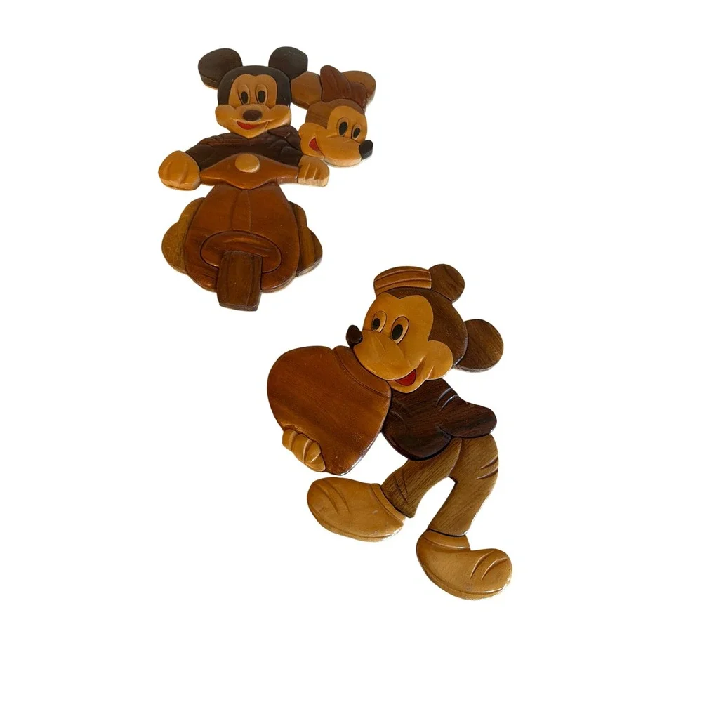 Disney Wall Art‎ Brown Mickey Minnie Mouse Intarsia Wood Plaque Set 2pc Vintage